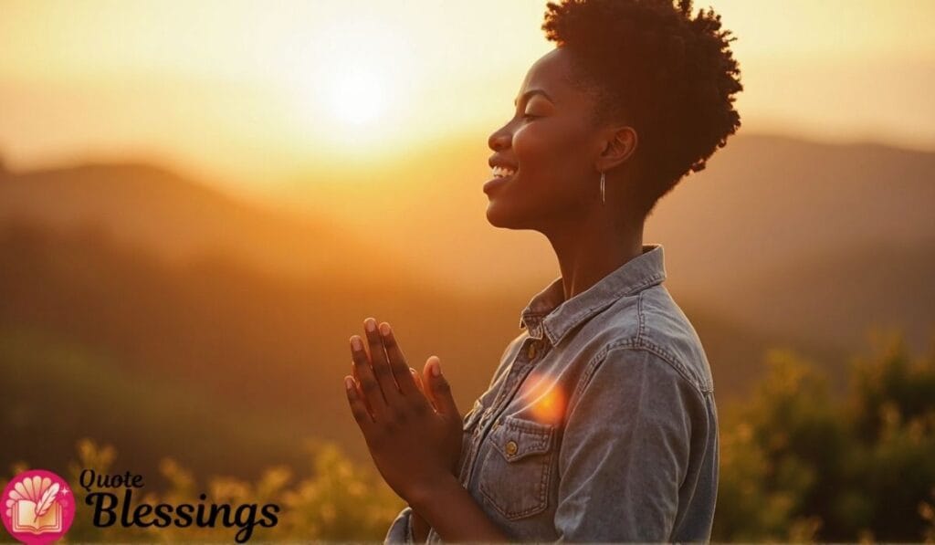 Woman praying at sunset outdoors.