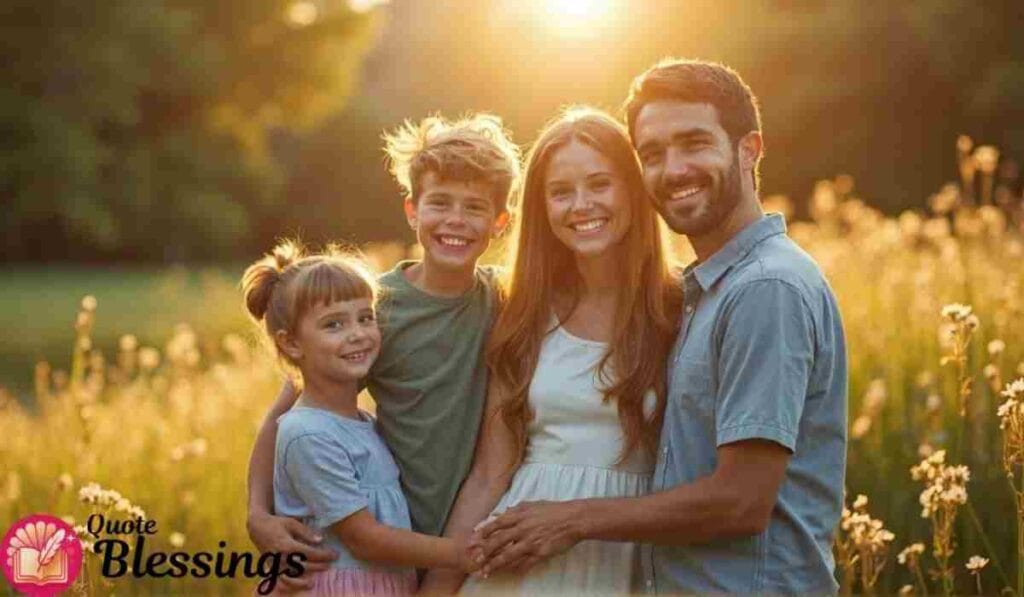 Happy family in golden sunlight.
