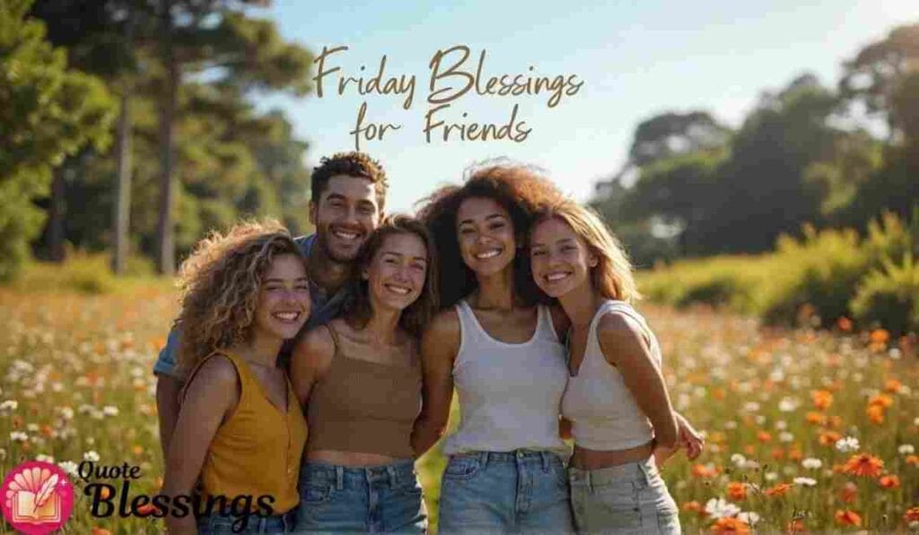 Smiling friends in a flower field.