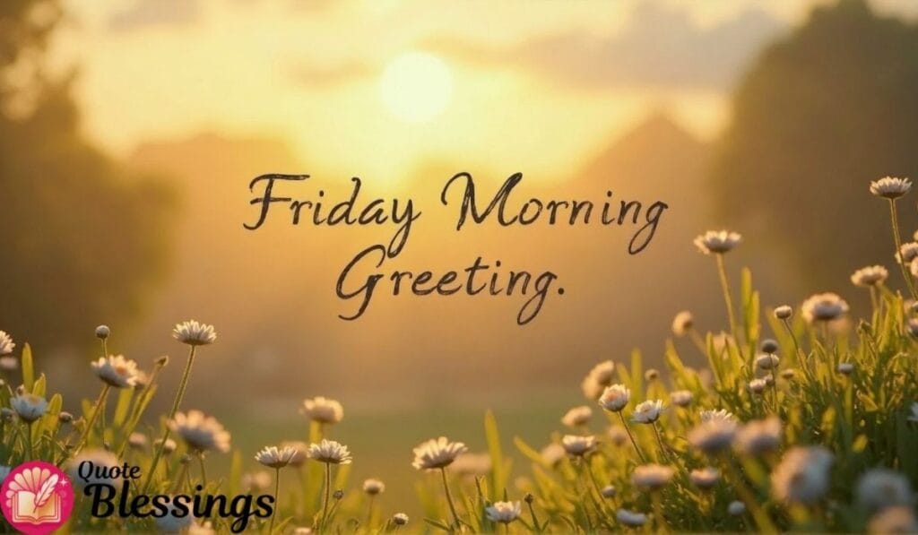 Sunny field with Friday greeting text.
