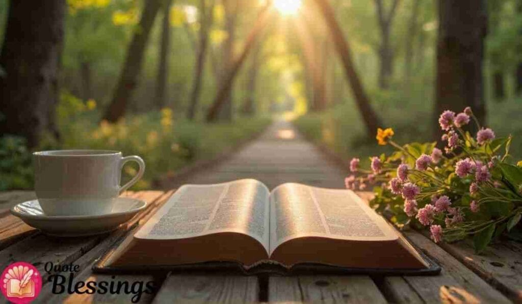 Open Bible with coffee and flowers.