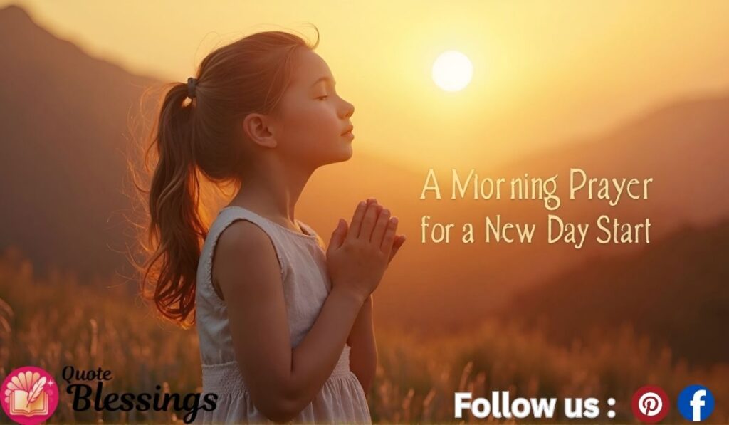 A young girl praying at sunrise outdoors.