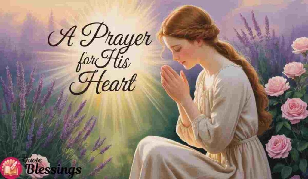 Woman praying in garden with “A Prayer for His Heart” text and floral background.