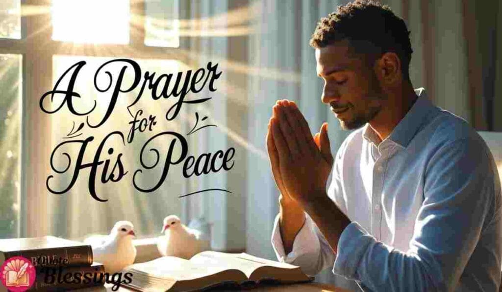 Man praying by Bible in sunlight with "A Prayer for His Peace" text on window.