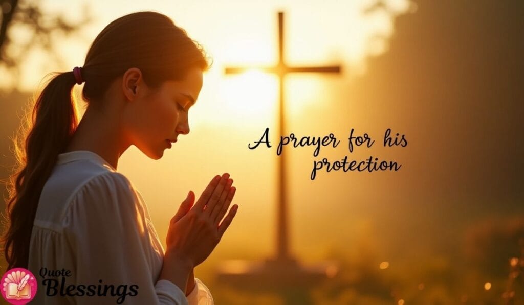 Woman praying at sunrise with cross in background, seeking protection.
