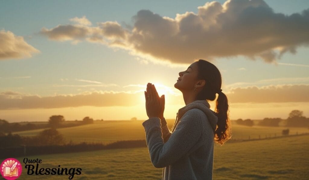Woman praying outdoors at sunrise for a peaceful Tuesday.