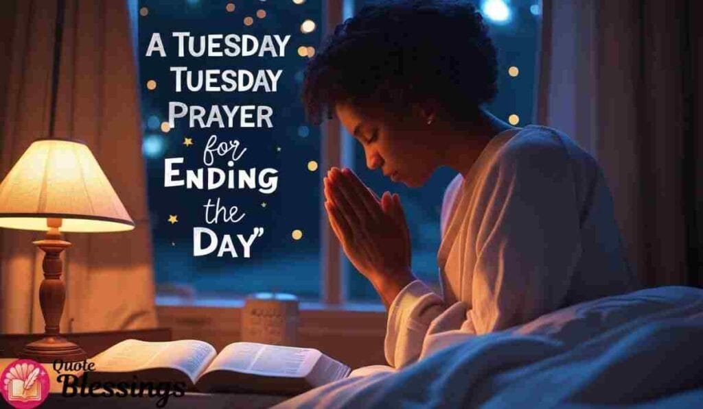 Woman praying beside bed with Bible, peaceful night light setting.