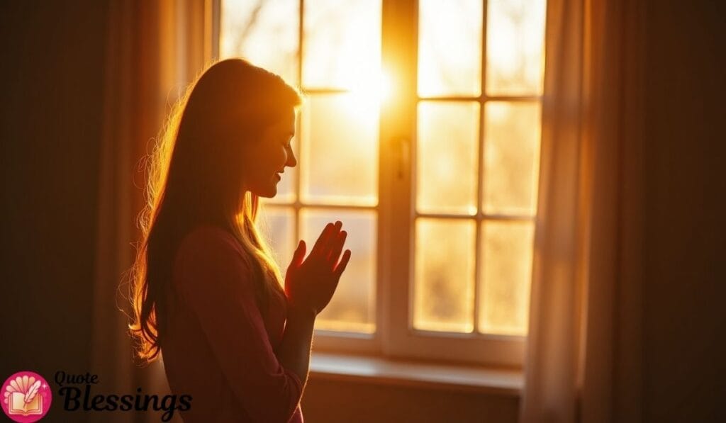 Woman praying by window during sunrise.