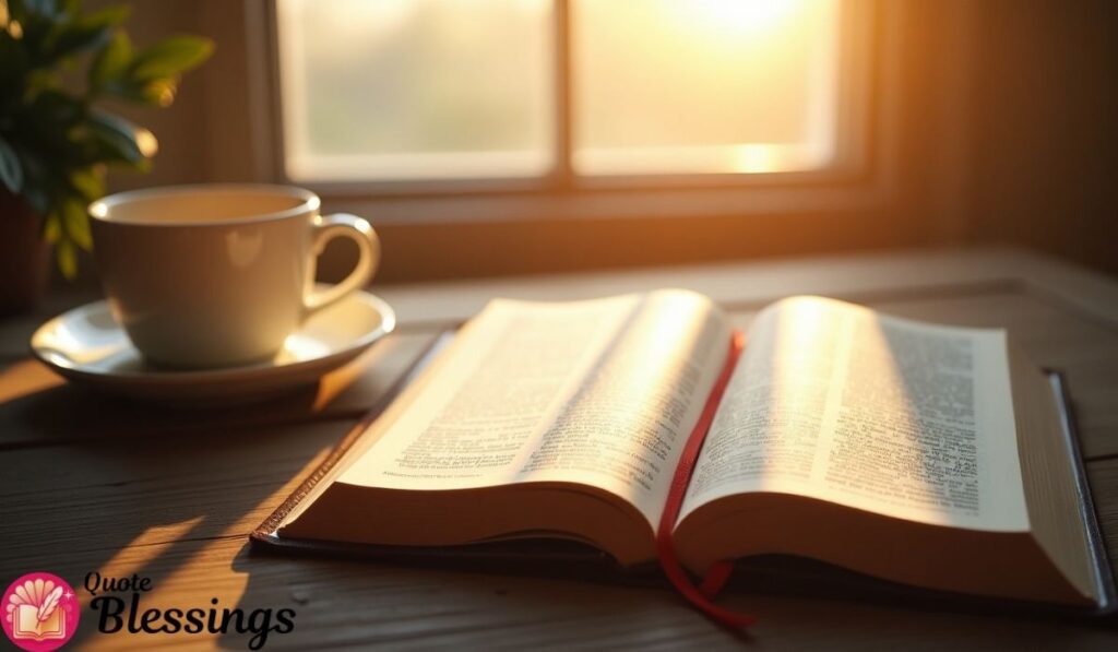 Open Bible with red ribbon and coffee cup by a sunny window.