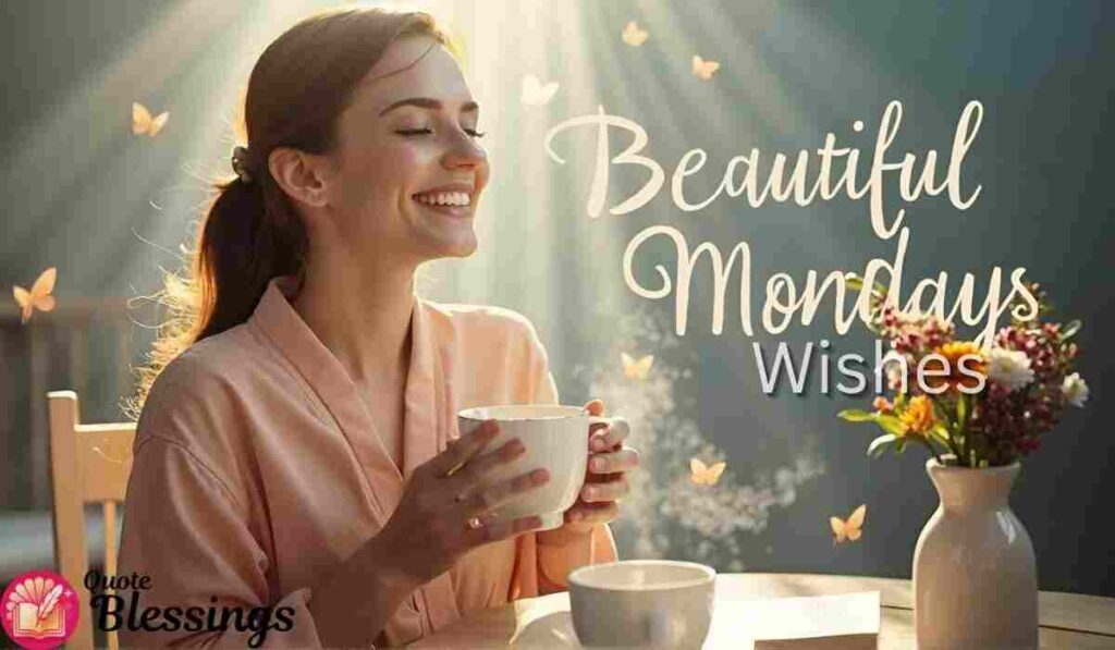 Smiling woman with coffee on Monday.