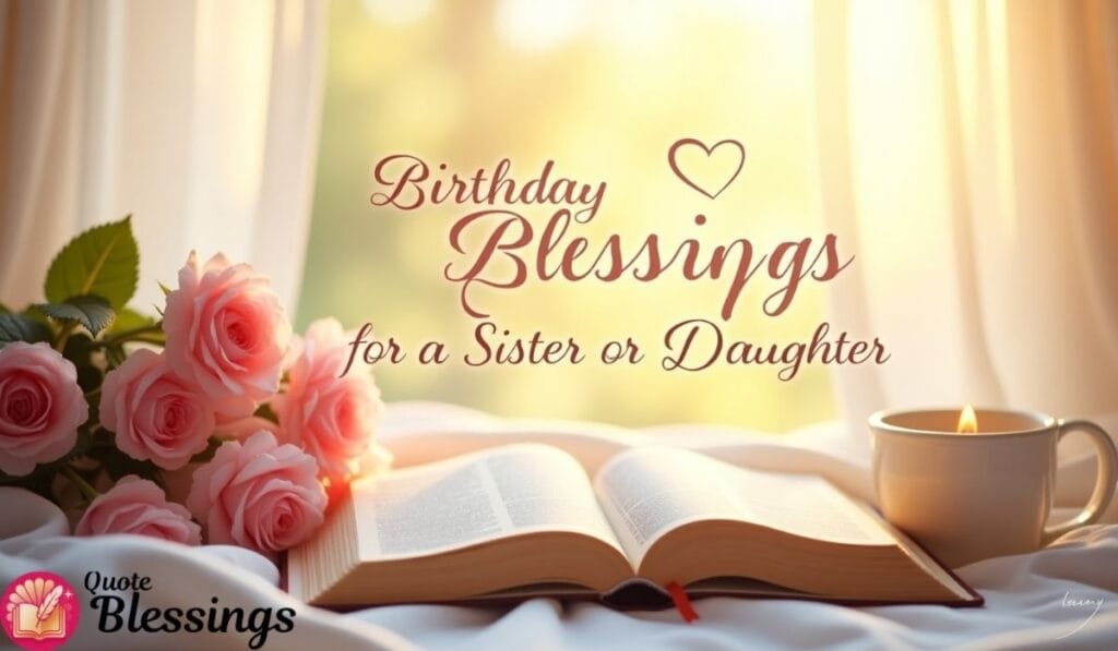 Birthday Blessings for a Sister or Daughter with Bible, roses, and candle.