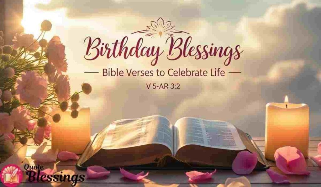 Open Bible with candles, flowers, and soft light showing “Birthday Blessings: Bible Verses to Celebrate Life.”