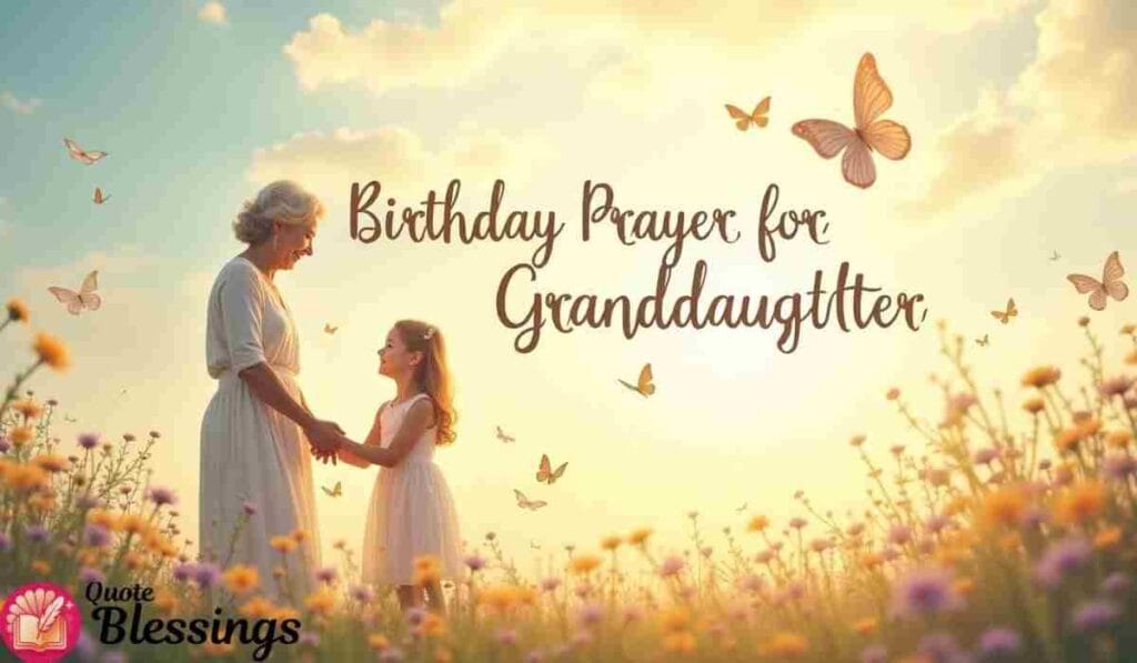Grandmother holding hands with granddaughter in a flower field with butterflies.