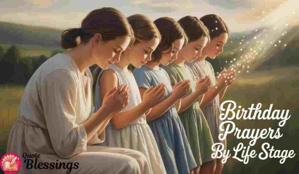 Mother and daughters praying outdoors with birthday blessings text.