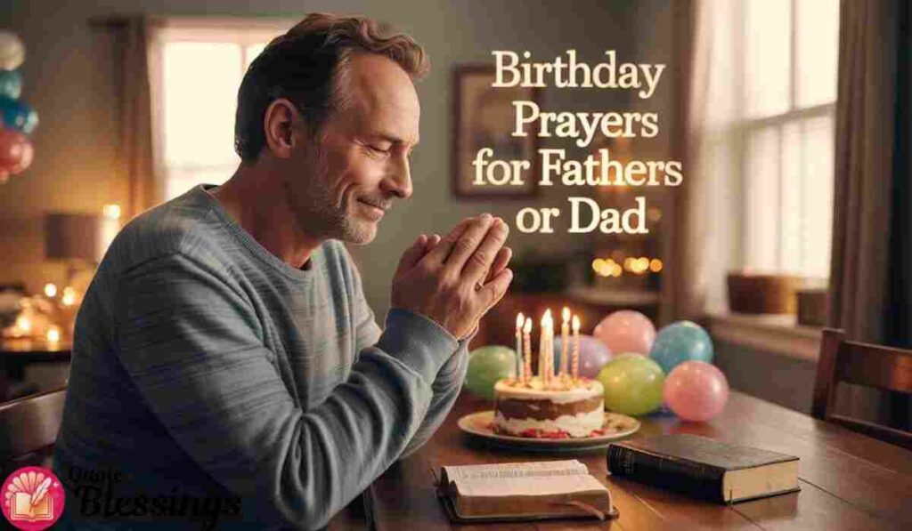 Father praying beside birthday cake with candles, Bible on table.