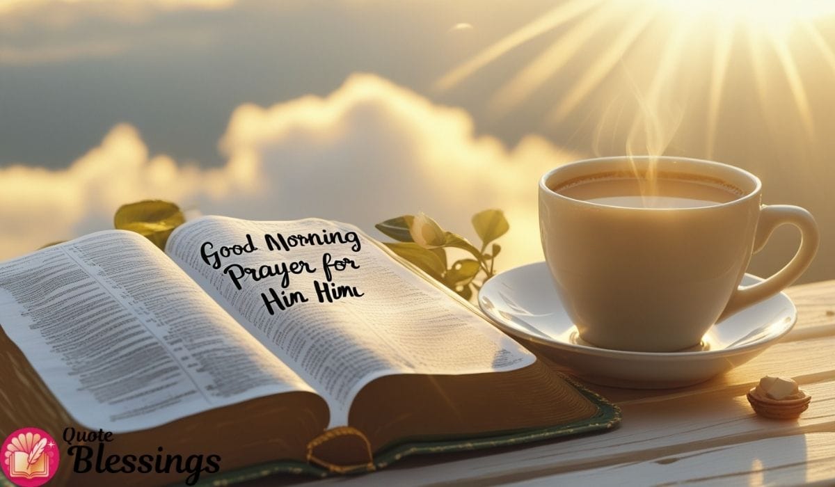 Bible with "Good Morning Prayer for Him" text next to coffee cup in sunrise light.