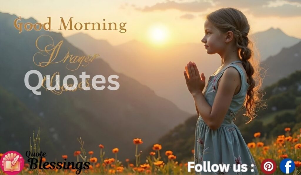 Girl praying at sunrise in mountains with text Good Morning Prayer Quotes.