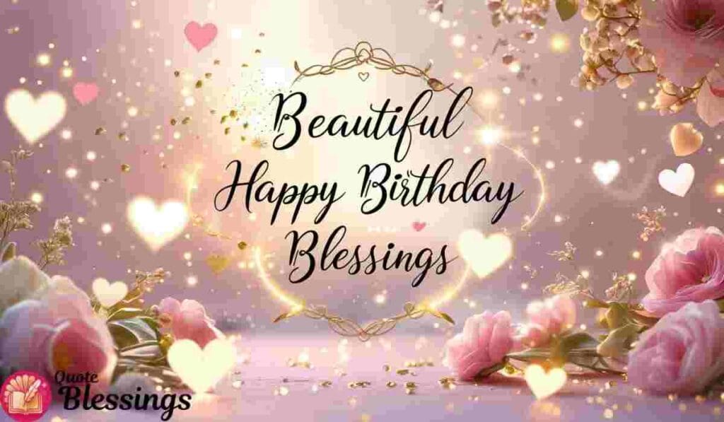 Beautiful Happy Birthday Blessings with hearts, flowers, and glowing pink background.