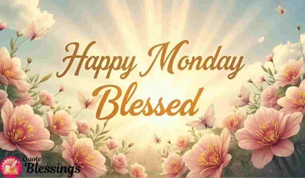 Monday blessings with sunrise, butterflies, flowers, and smiley faces in a bright, happy sky.