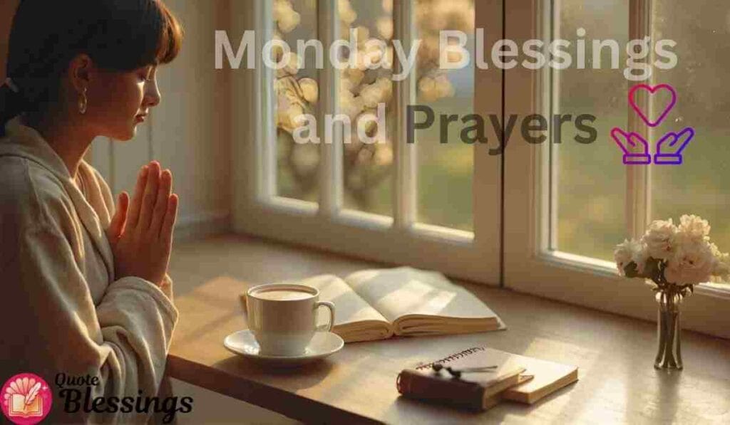 Woman praying near window with coffee.