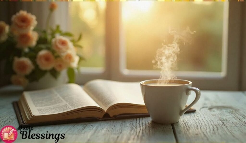 Morning coffee with Bible and roses.