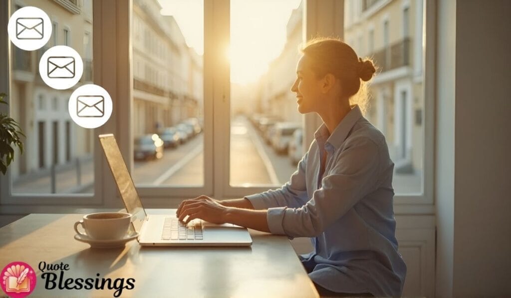 Woman typing on laptop at sunrise.