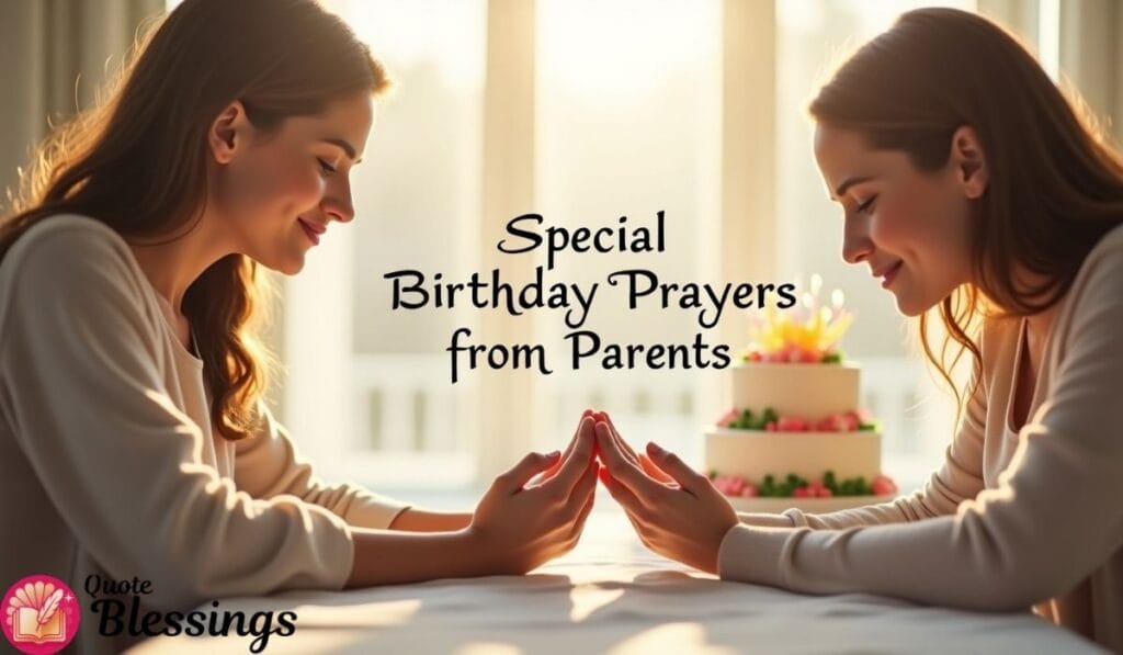 Mother and daughter praying together near birthday cake in warm sunlight.