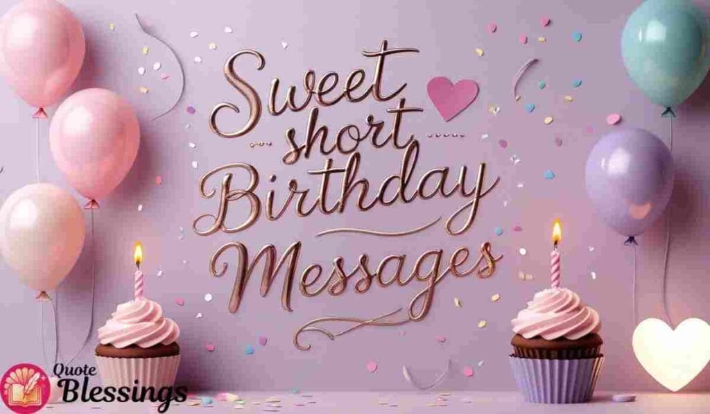 Cupcakes, balloons, and confetti with text “Sweet Short Birthday Messages” on a pastel background.