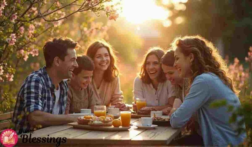Family enjoying breakfast outdoors.