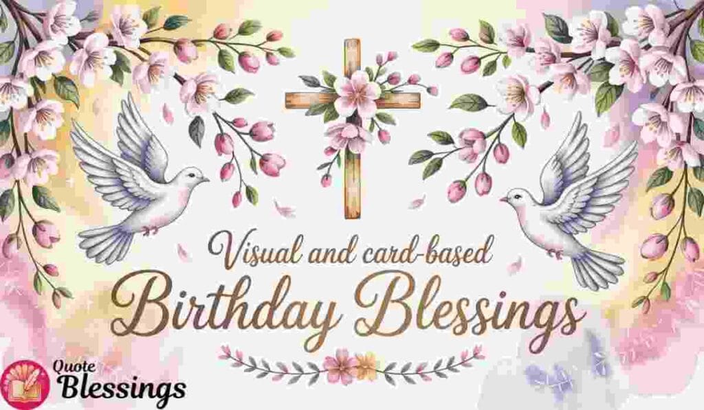 Floral cross with doves and cherry blossoms for visual and card-based birthday blessings.