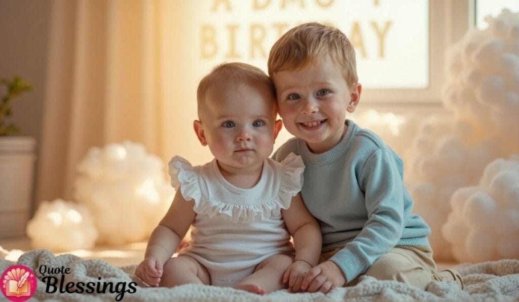 Two smiling kids on birthday morning.
