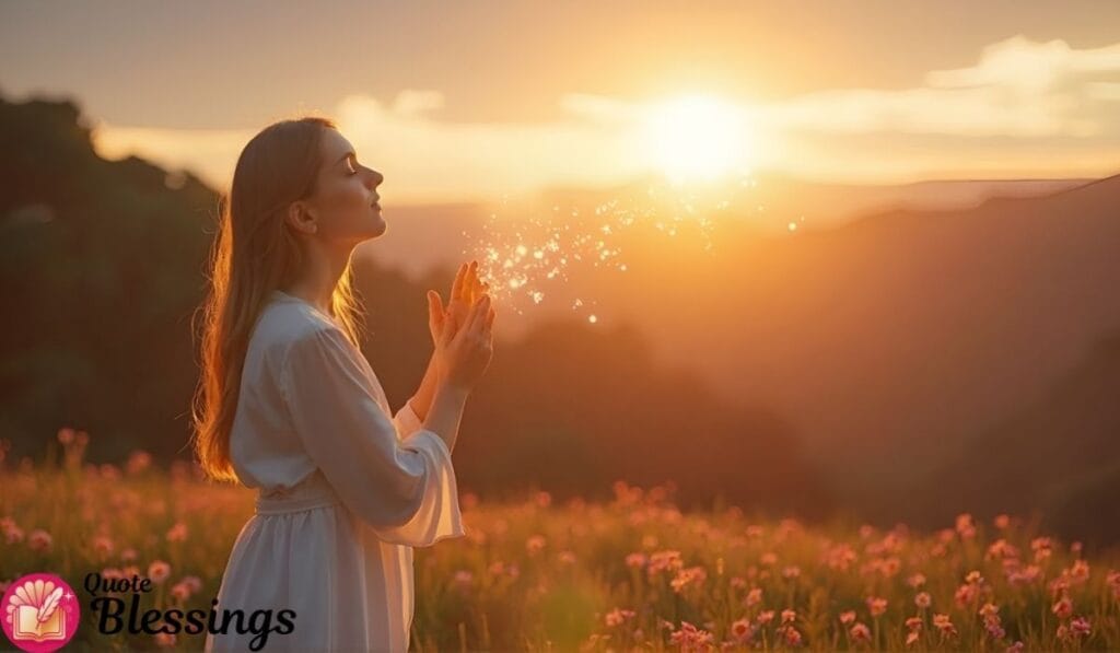 Woman praying at sunrise in field.