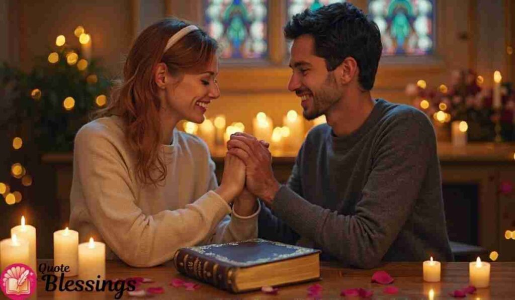 Couple praying together in candlelight.