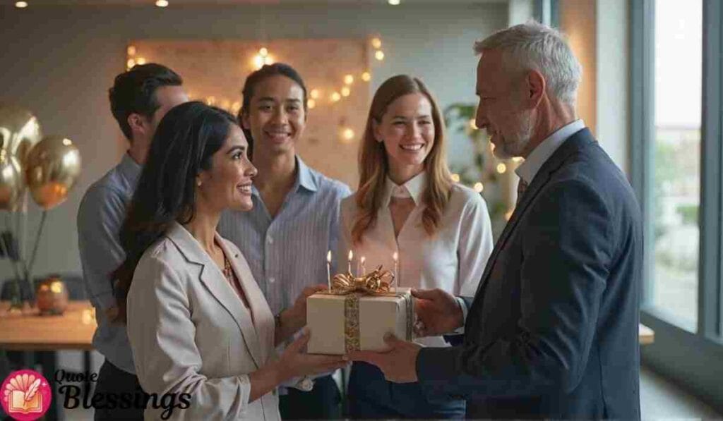 Employees giving gift to boss.