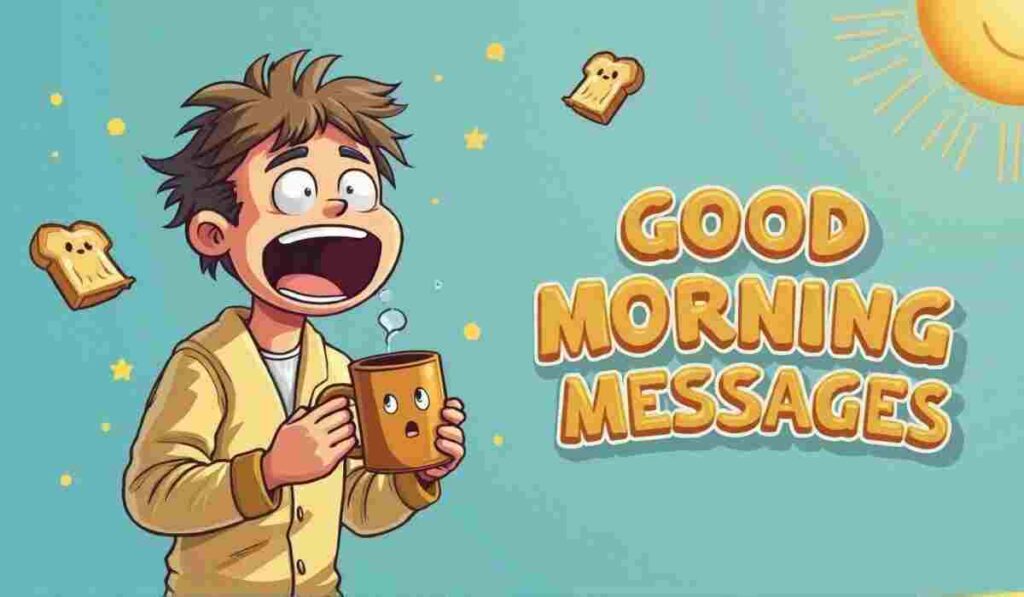 Funny cartoon boy with coffee mug.