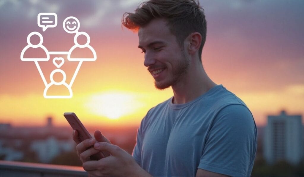 Man smiling at phone during sunset.