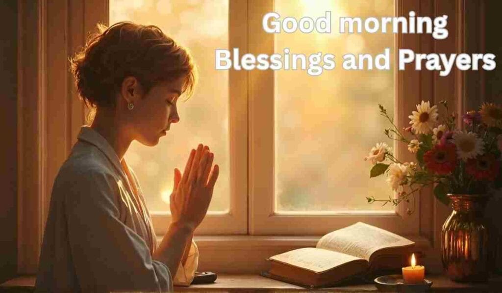 Woman praying by morning window.