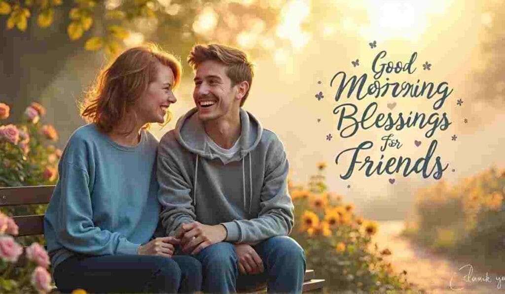 Smiling friends with morning text.
