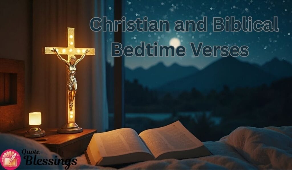 Bible and crucifix on nightstand.