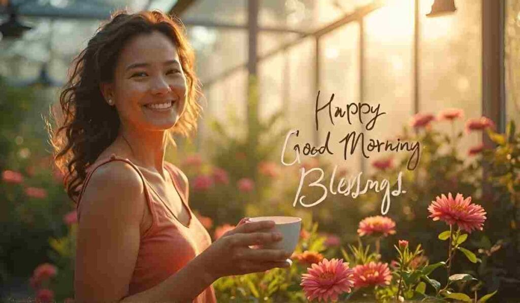 Woman smiling with coffee in garden.