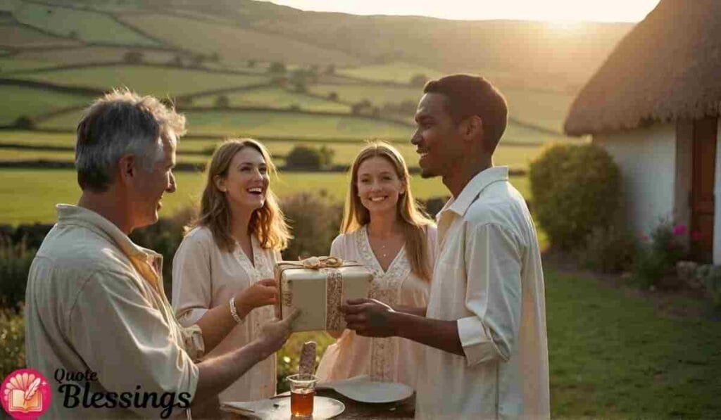 Group sharing a gift outdoors.