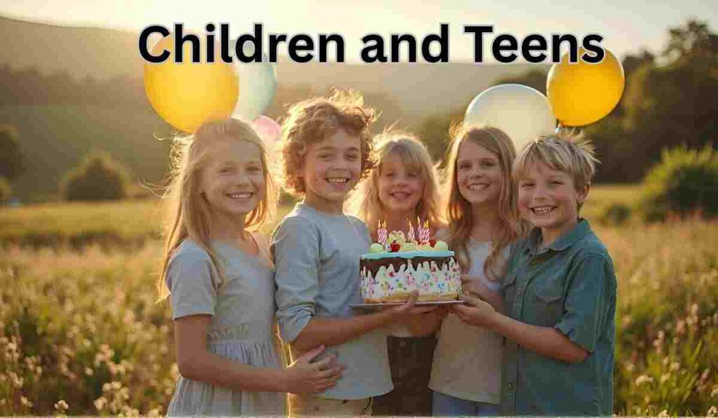Smiling kids holding birthday cake.