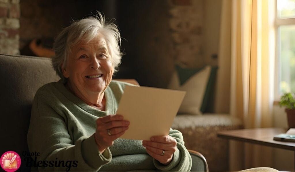 Smiling elderly woman with card.