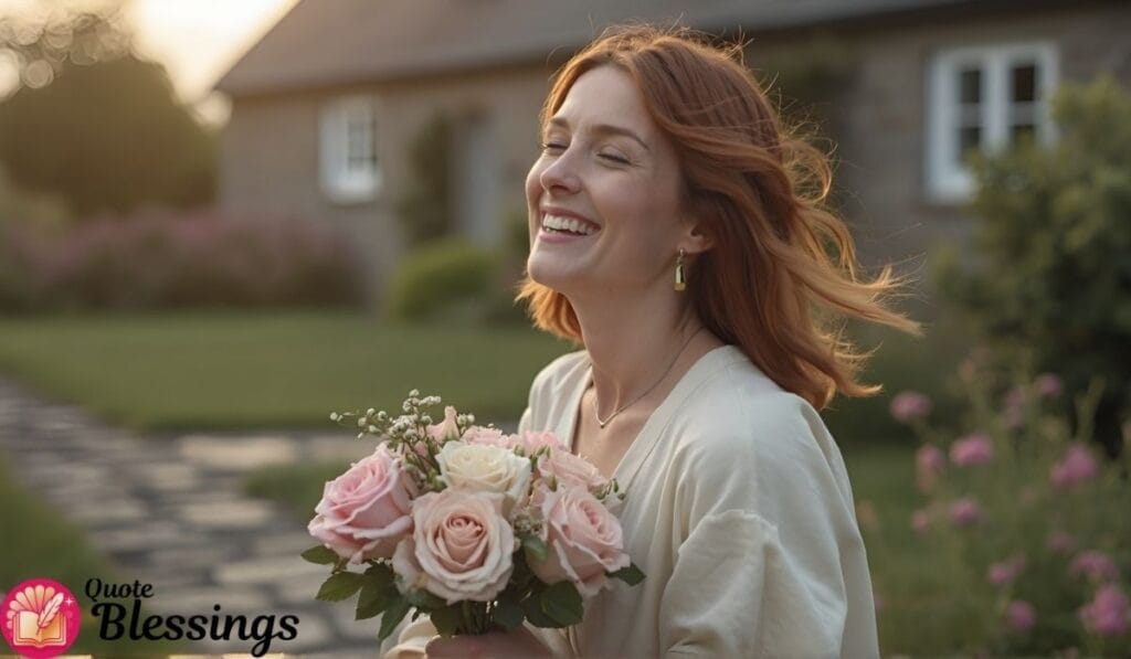 Smiling woman with roses bouquet.