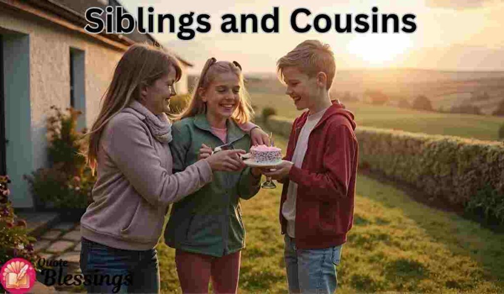 Kids sharing cake at sunset outside.