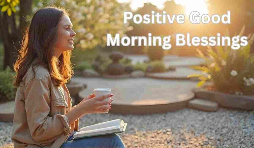 Woman smiling with coffee at sunrise.