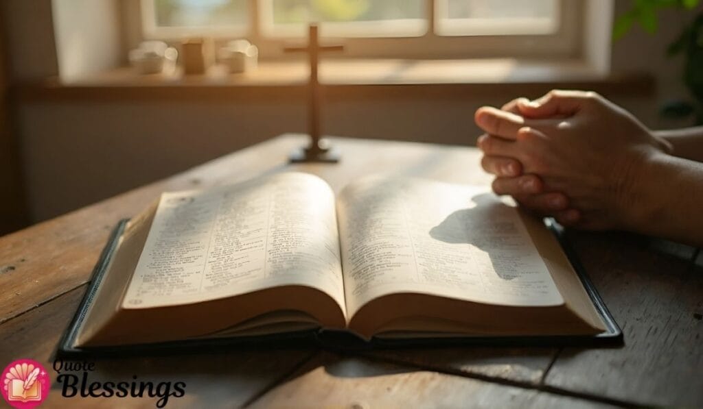 Hands praying beside open Bible.