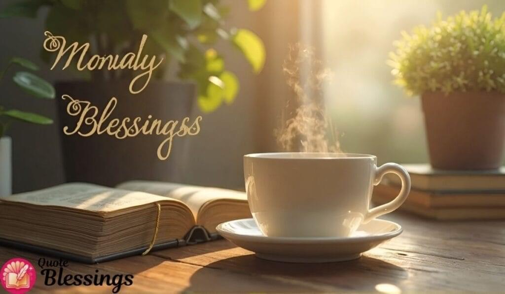 Coffee, book, and plants in warm light with "Monday Blessings" text.