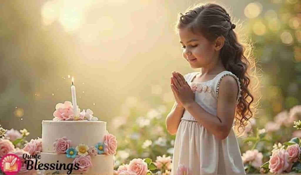 Girl praying beside birthday cake.